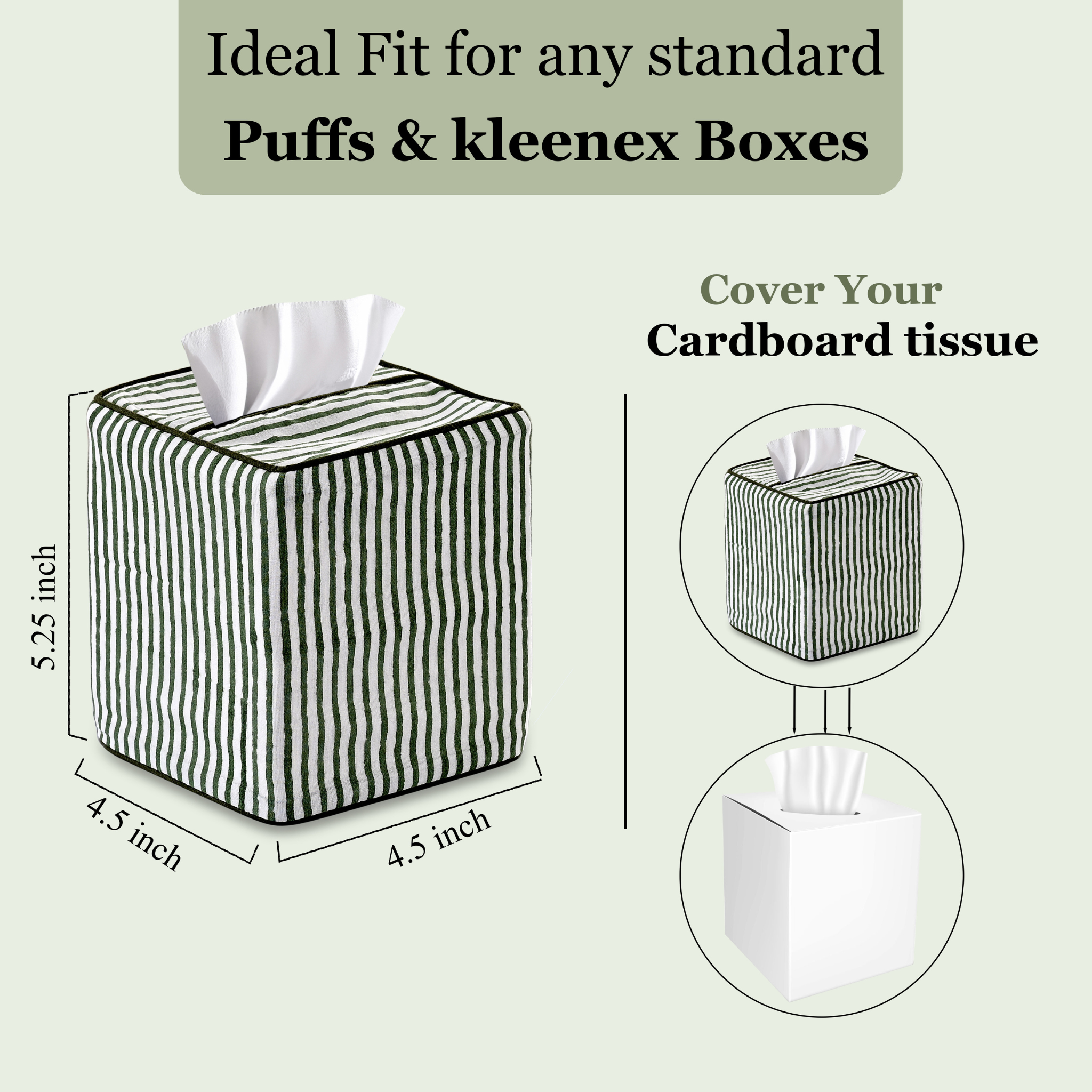 Tissue box cover with dimensions and usage instructions on a light green background