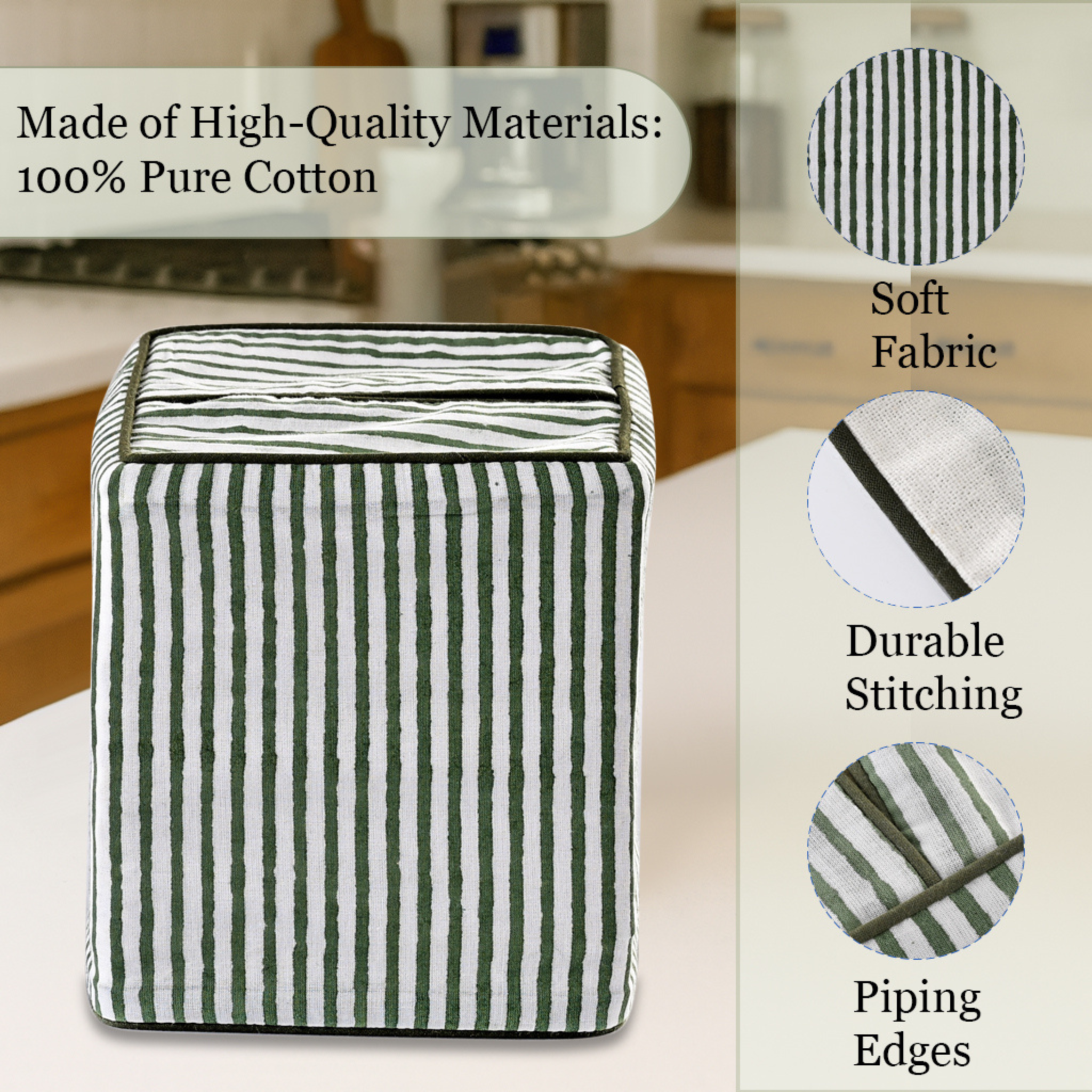 Striped fabric ottoman with high-quality materials text and images on a kitchen background