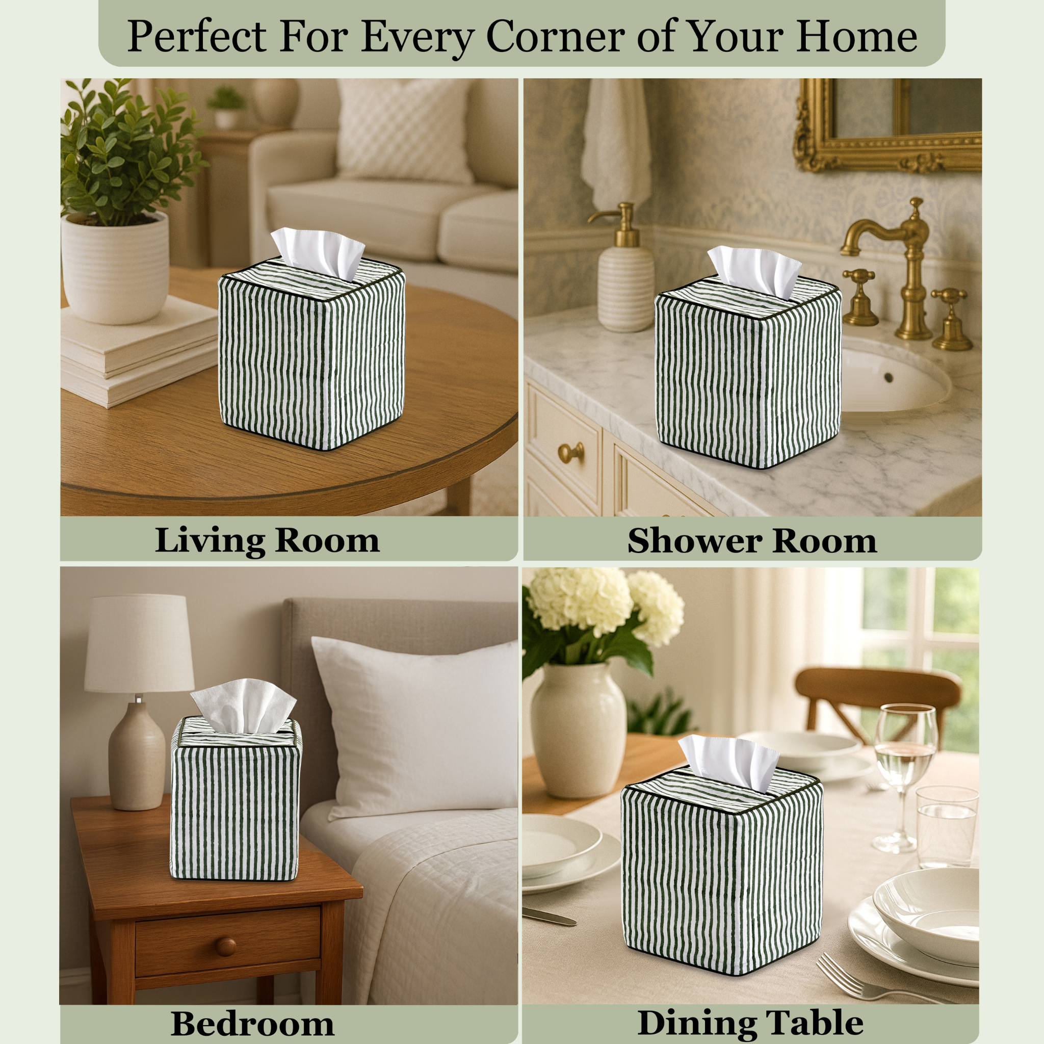 Black and white striped tissue box used in various home settings including living room, shower room, bedroom, and dining table.
