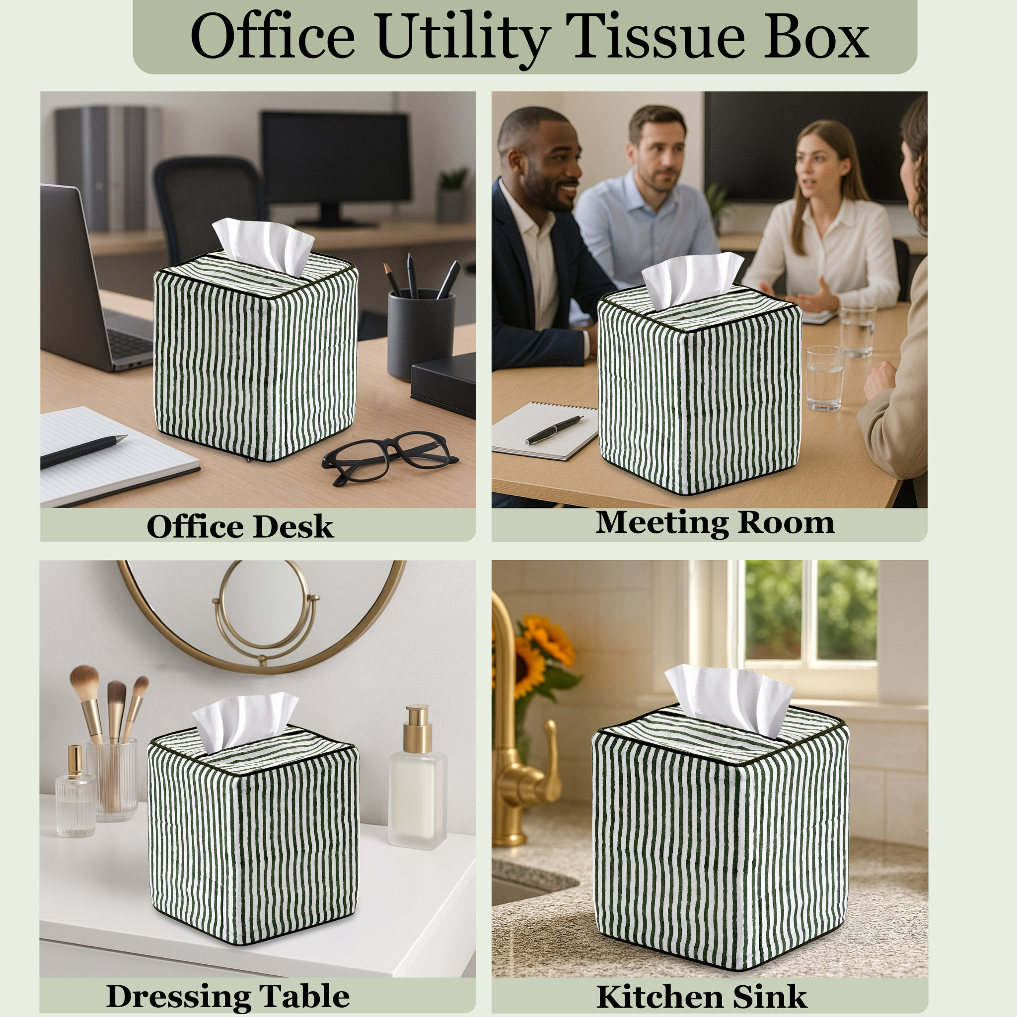 Black and white striped tissue box used in various settings including an office desk, meeting room, dressing table, and kitchen sink.