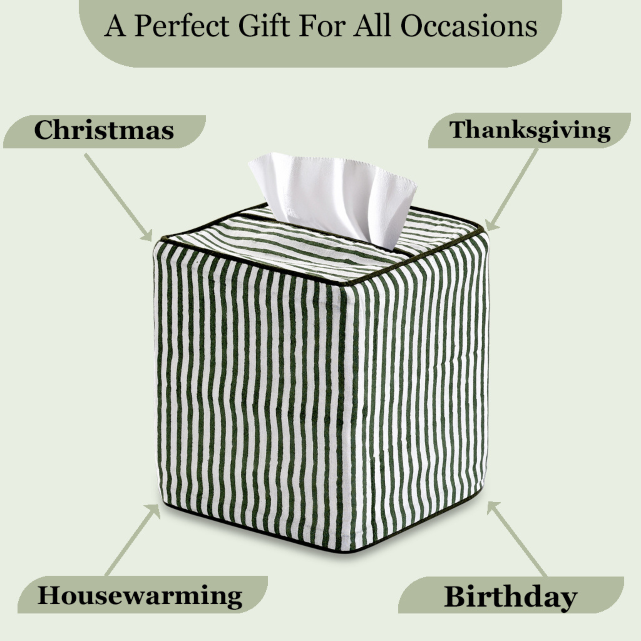 Striped tissue box with tissues on a light green background, labeled for various occasions.