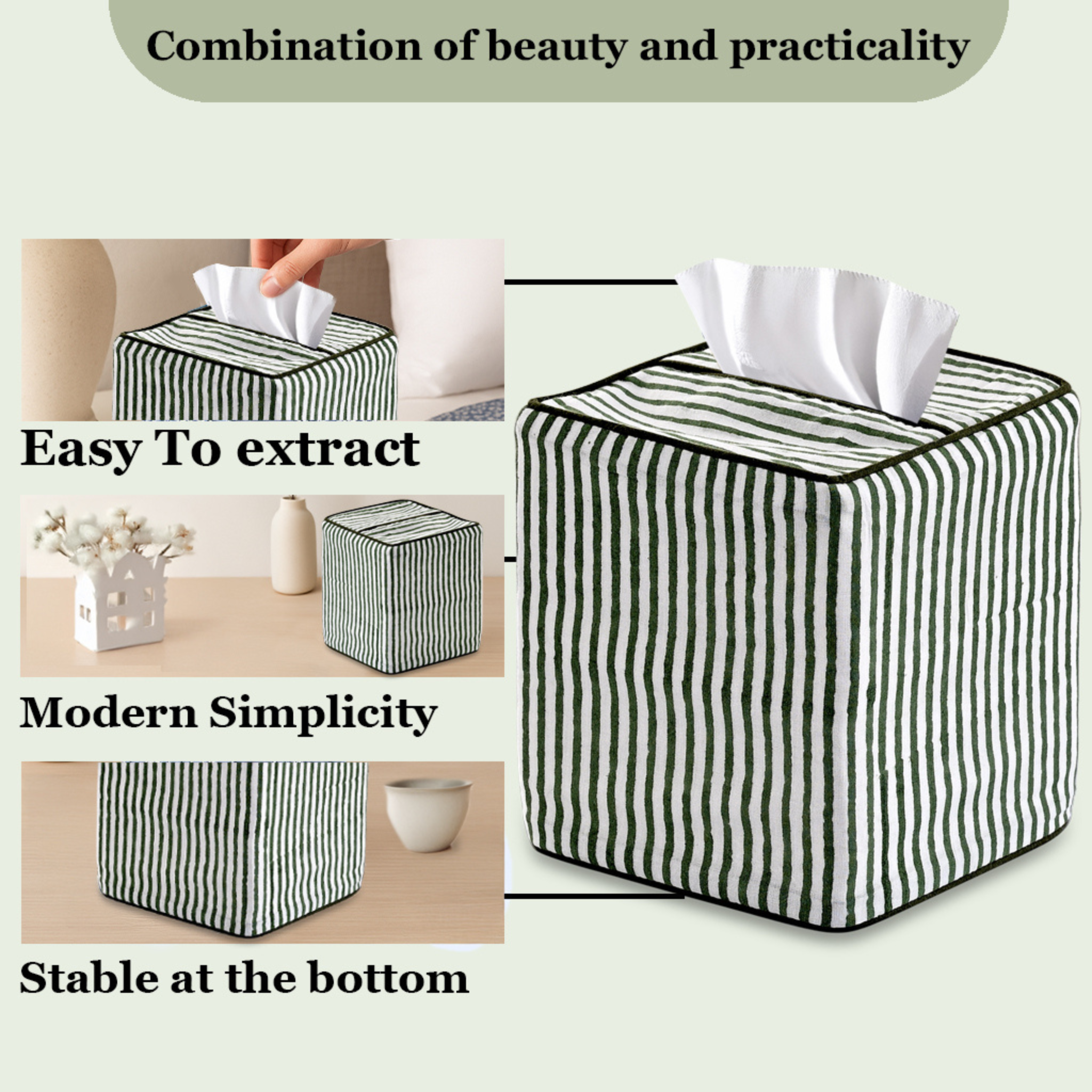 Striped tissue box cover with text highlighting features on a light background