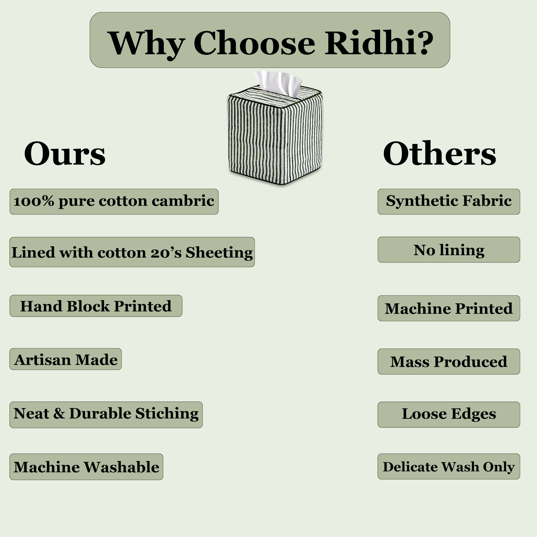 Comparison chart of Ridhi's products versus others, highlighting features like material, lining, printing, and washing.