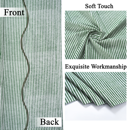 Green and white striped fabric with 'Front', 'Back', 'Soft Touch', and 'Exquisite Workmanship' text.