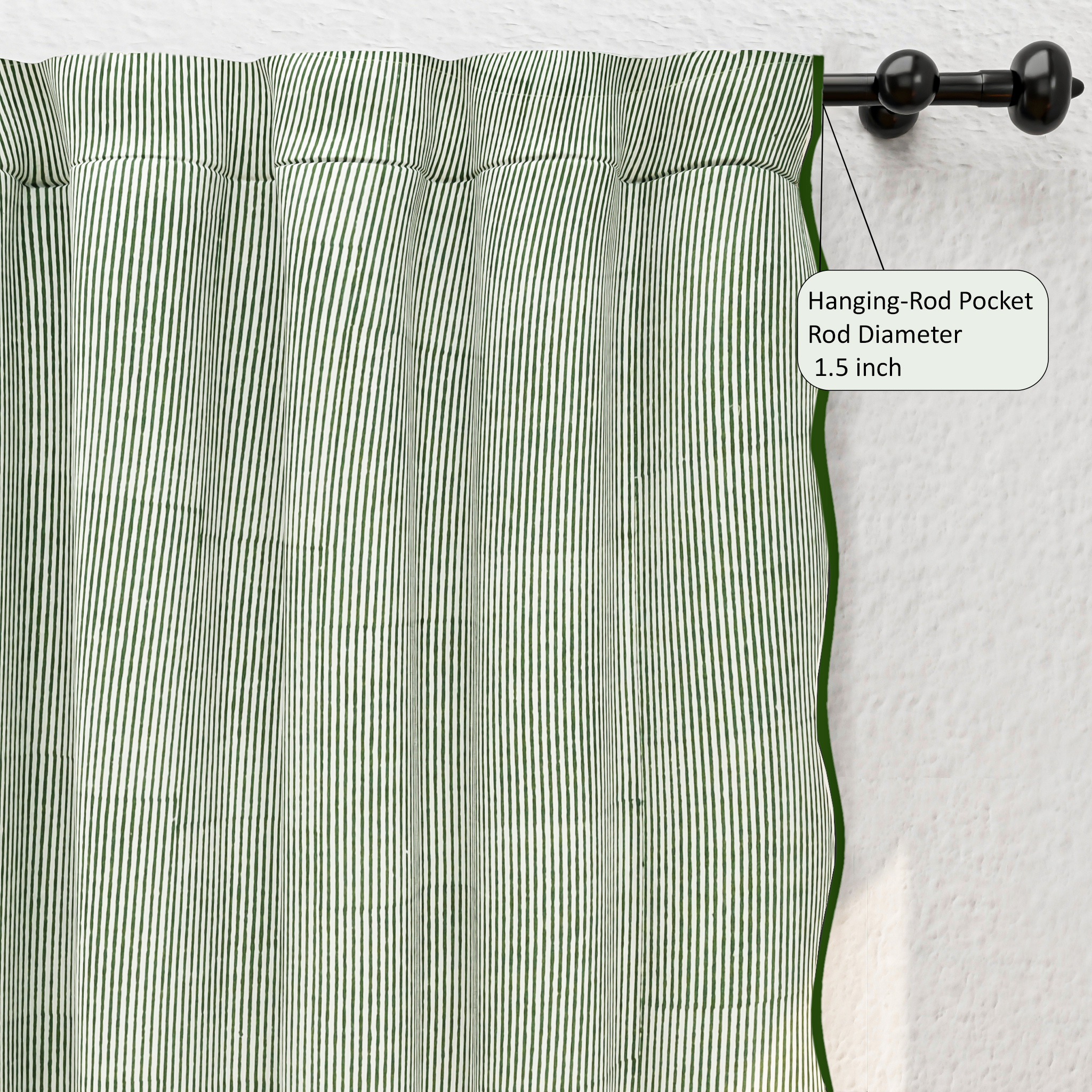 Green striped curtain with a hanging-rod pocket on a white background