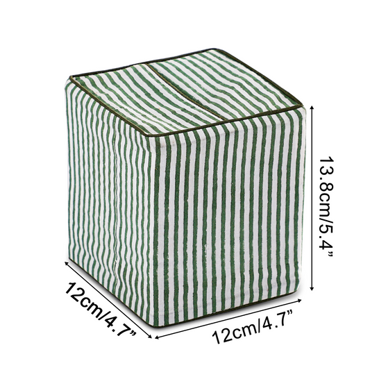Green and white striped cube-shaped ottoman with dimensions on a white background