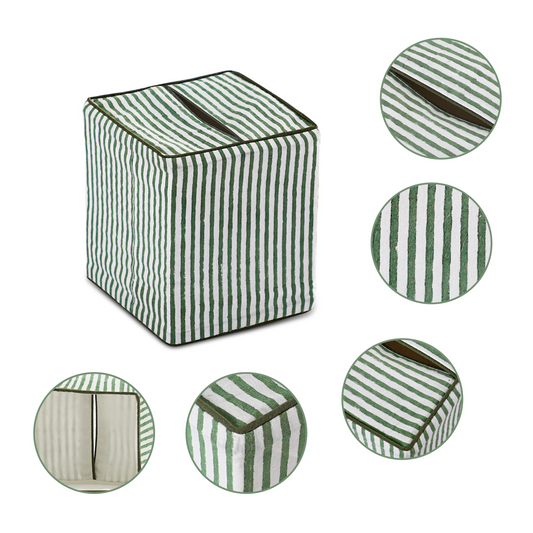 Green and white striped cube with close-up insets on a white background