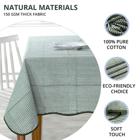 Green striped tablecloth on a table with text highlighting natural materials and features.