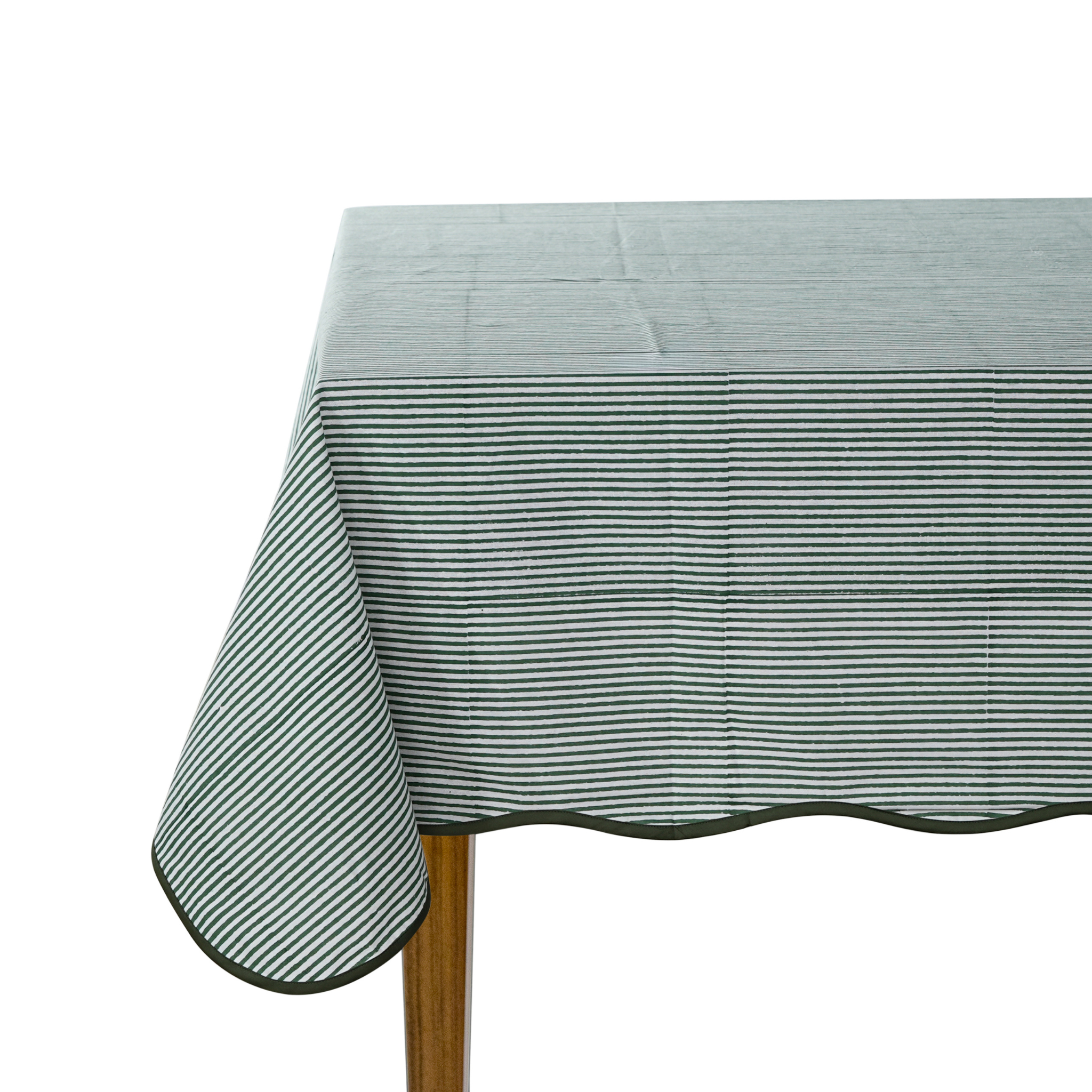 Tablecloth with green and white stripes on a white background