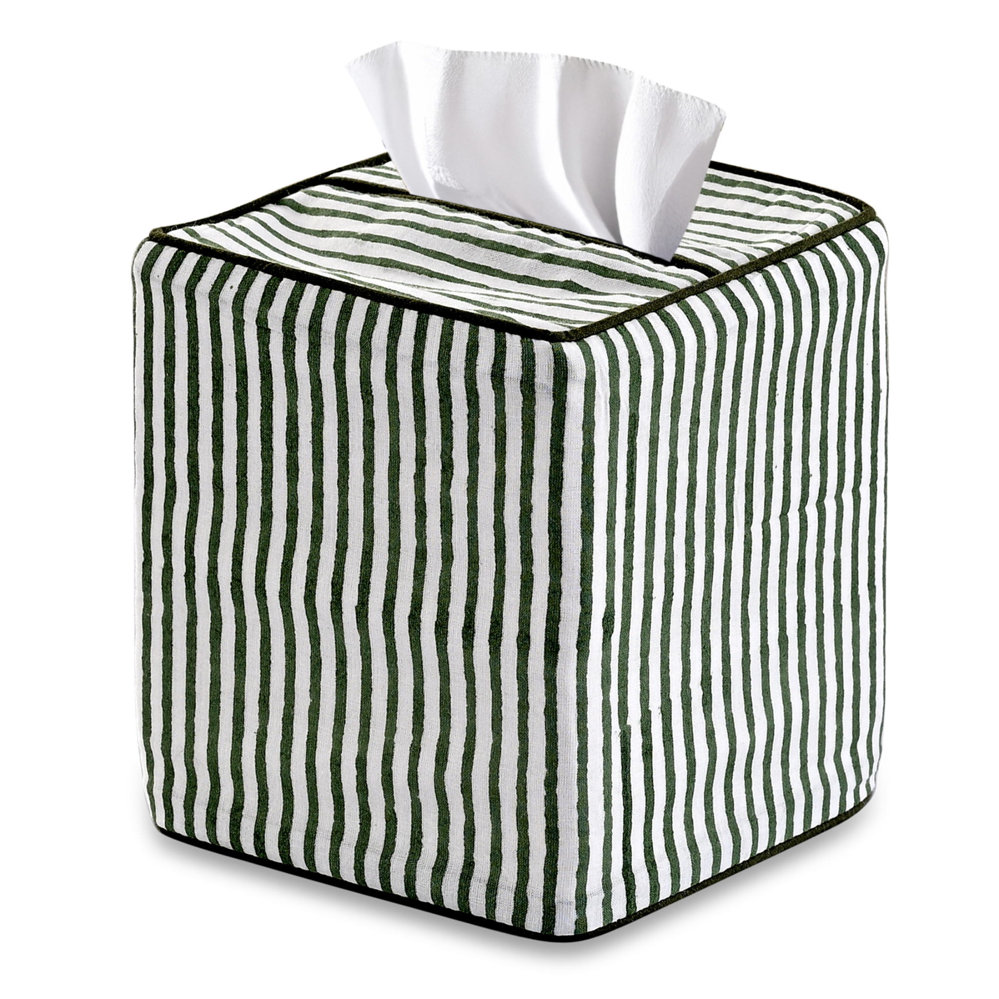 Tissue box cover with green and white stripes on a white background