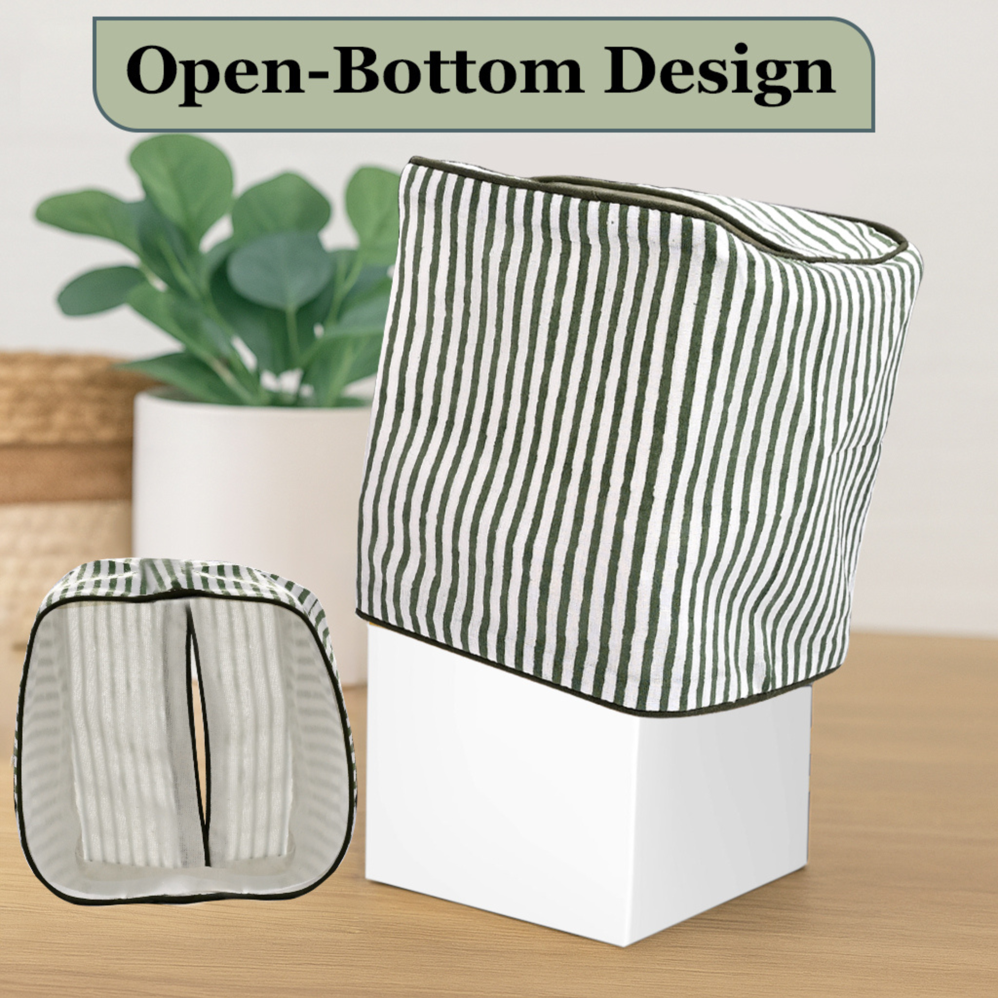 Two striped fabric covers on a white box with a plant in the background