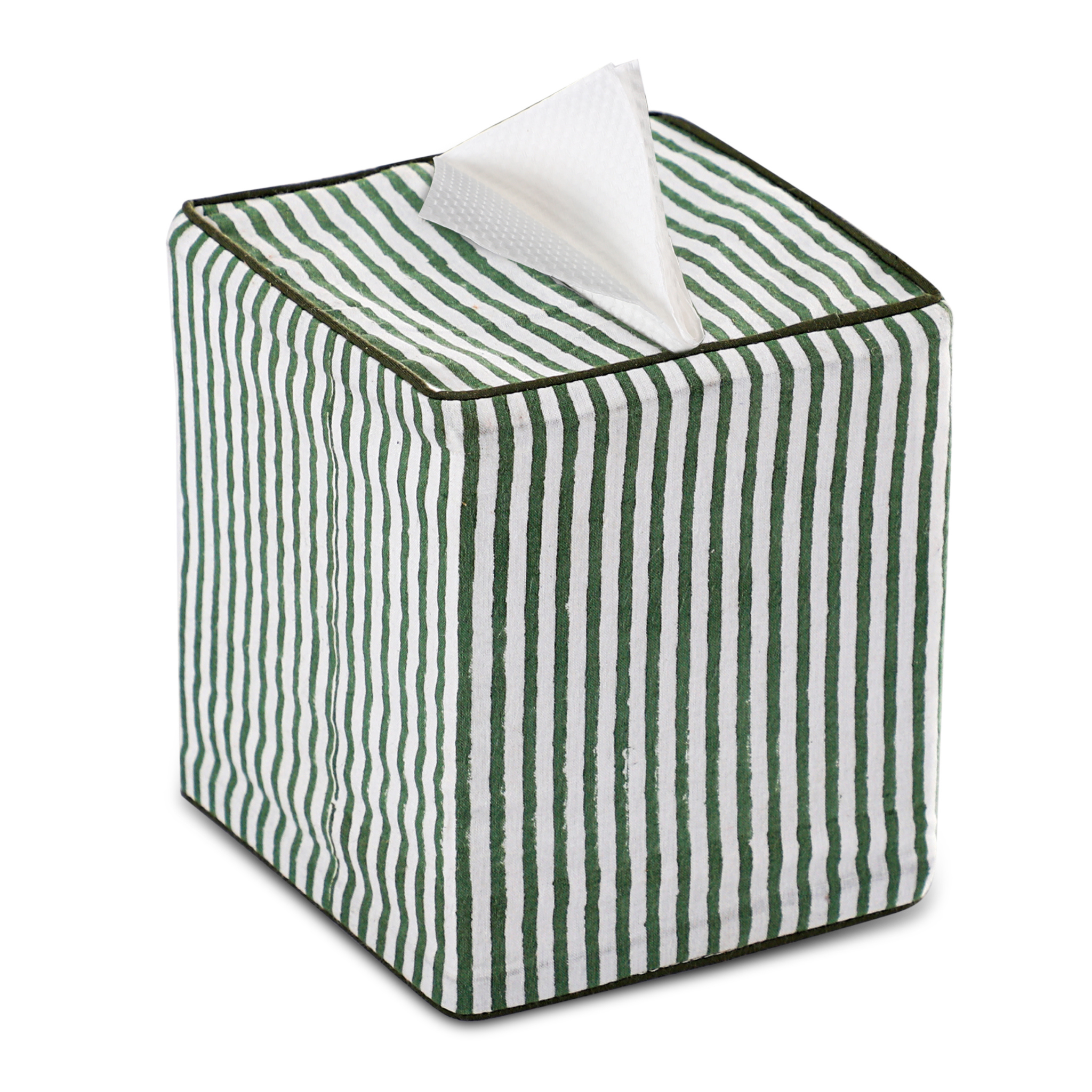Green and white striped tissue box with a tissue peeking out on a white background