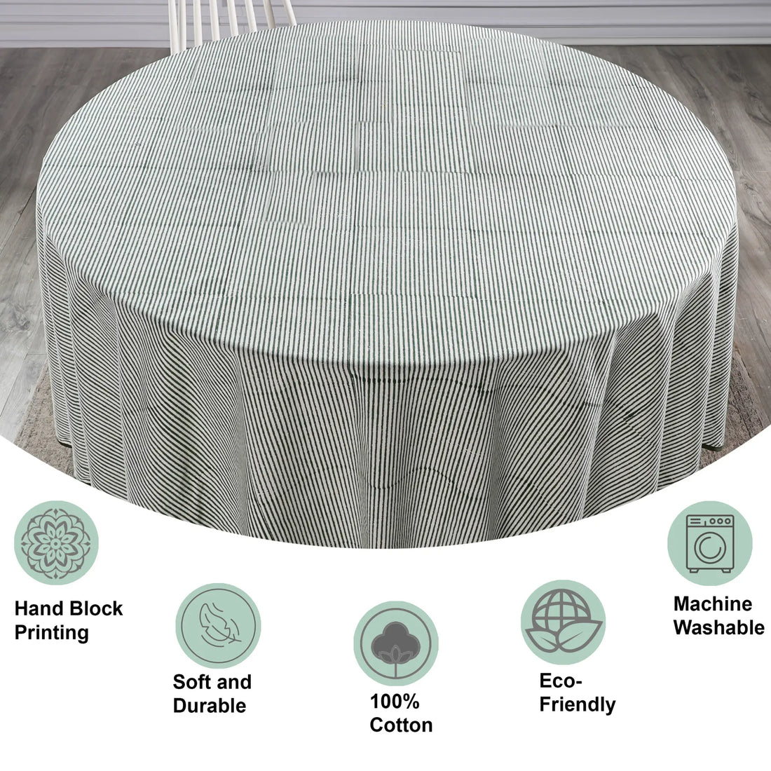 Round table with a striped tablecloth on a wooden floor, featuring icons and text about product features.