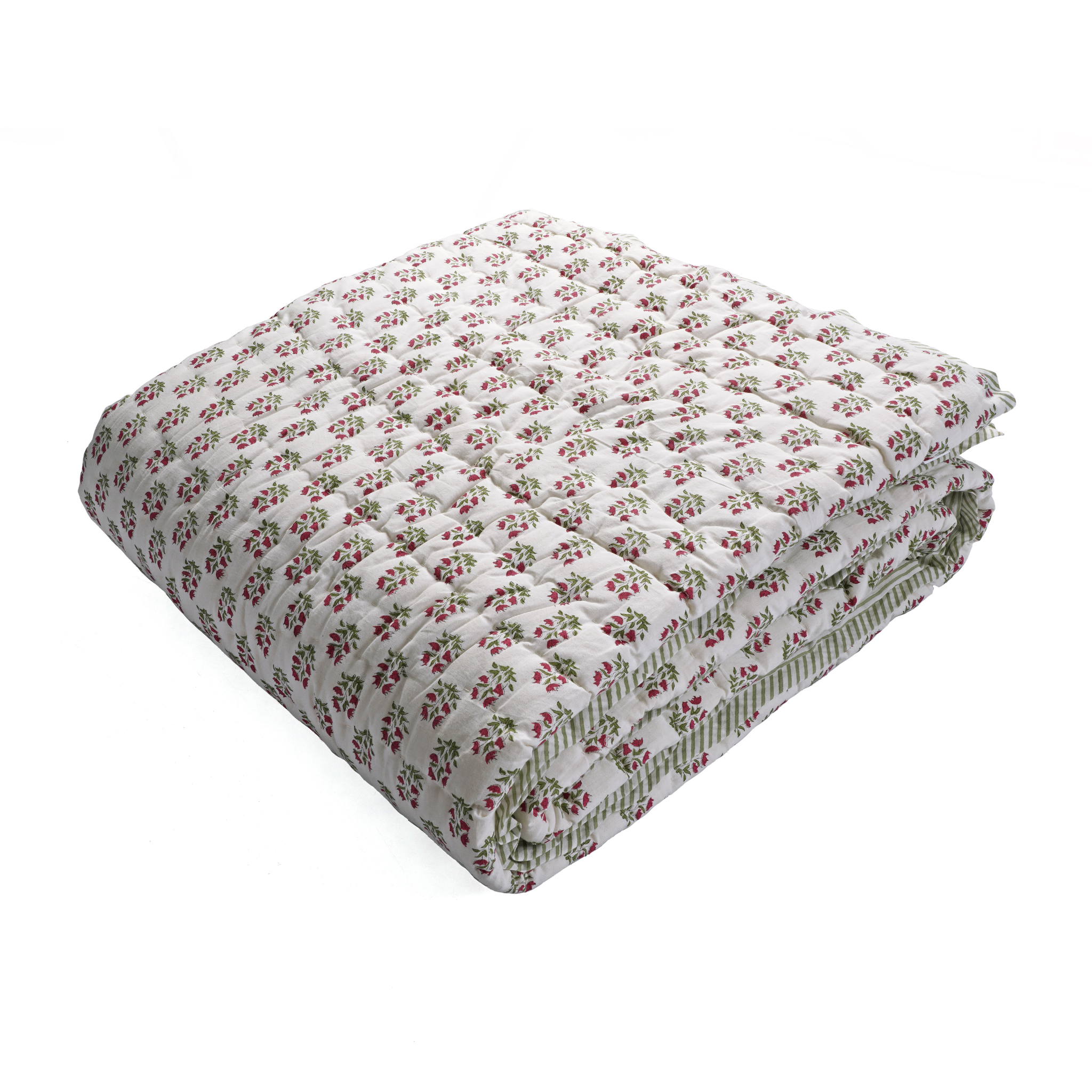 Floral patterned quilt on a white background