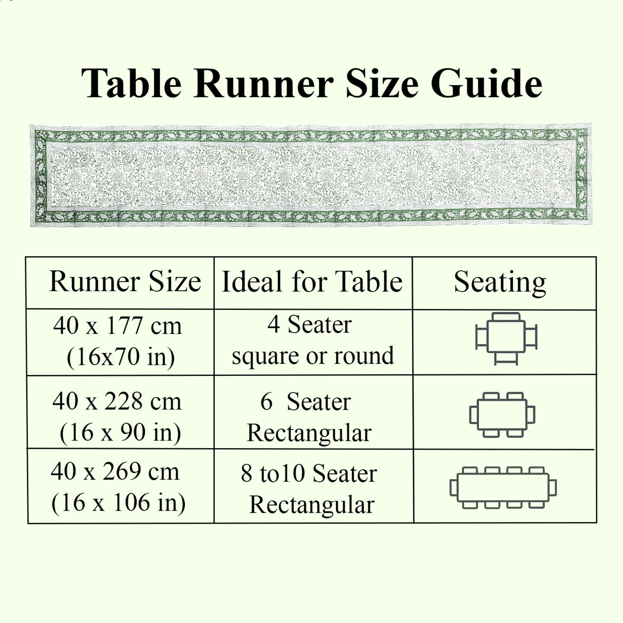 Table runner size guide with dimensions and table seating capacity on a light green background