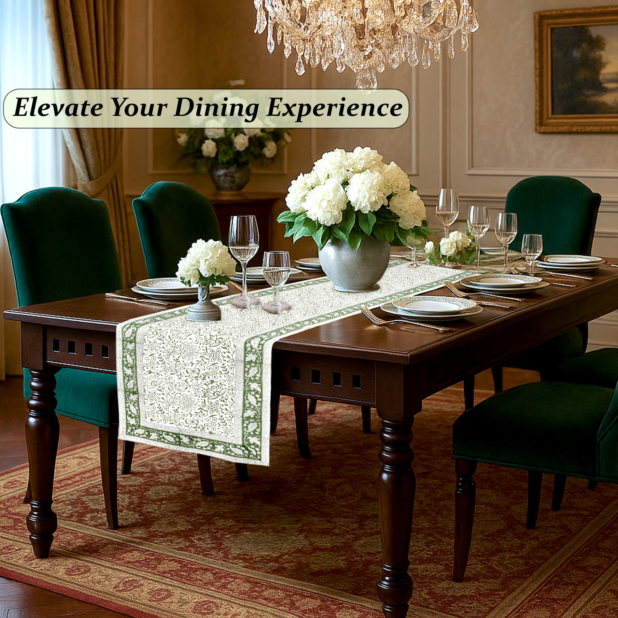 Dining room with a table set for dinner, flowers, and a chandelier.