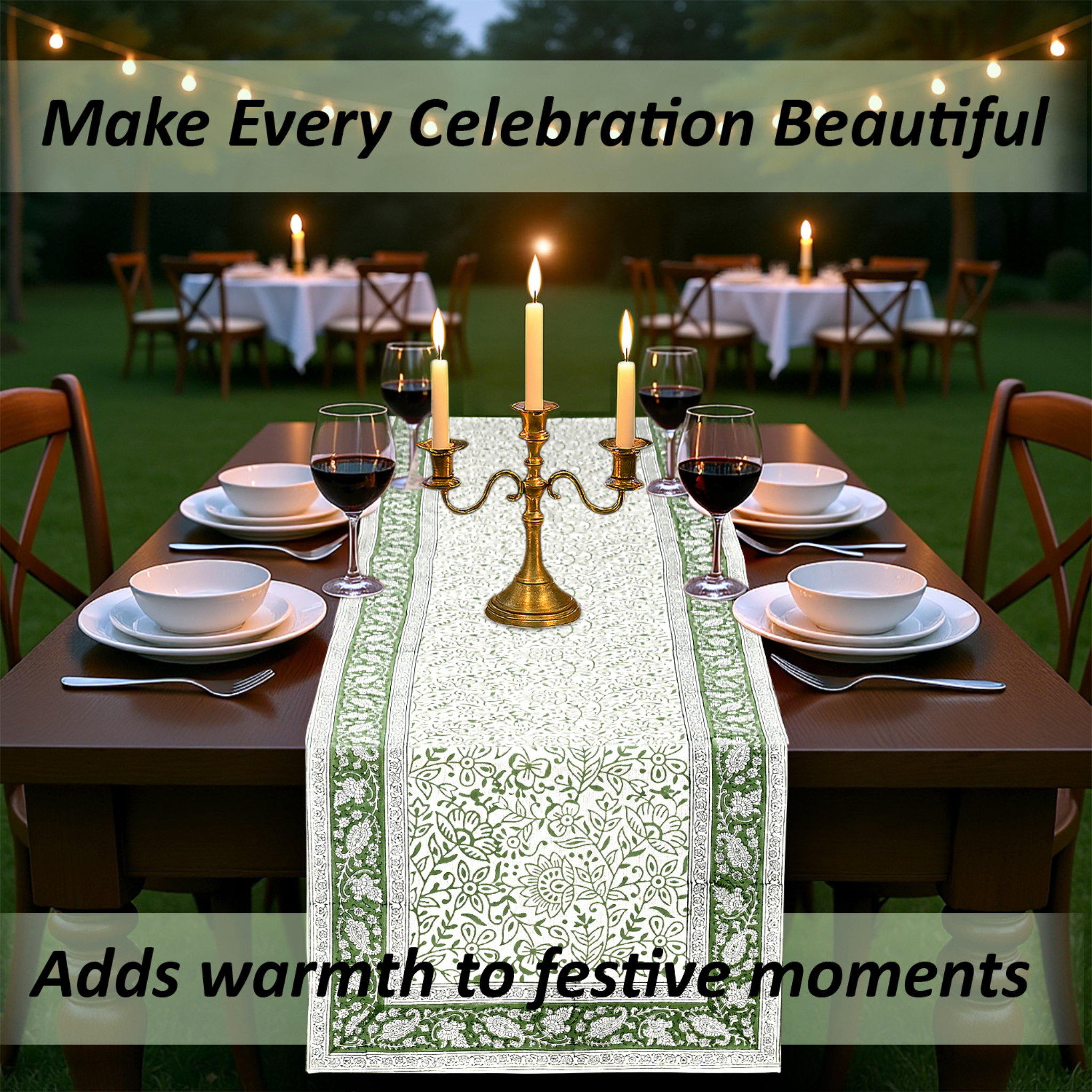 Dining table set with candles and a decorative table runner in an outdoor setting.