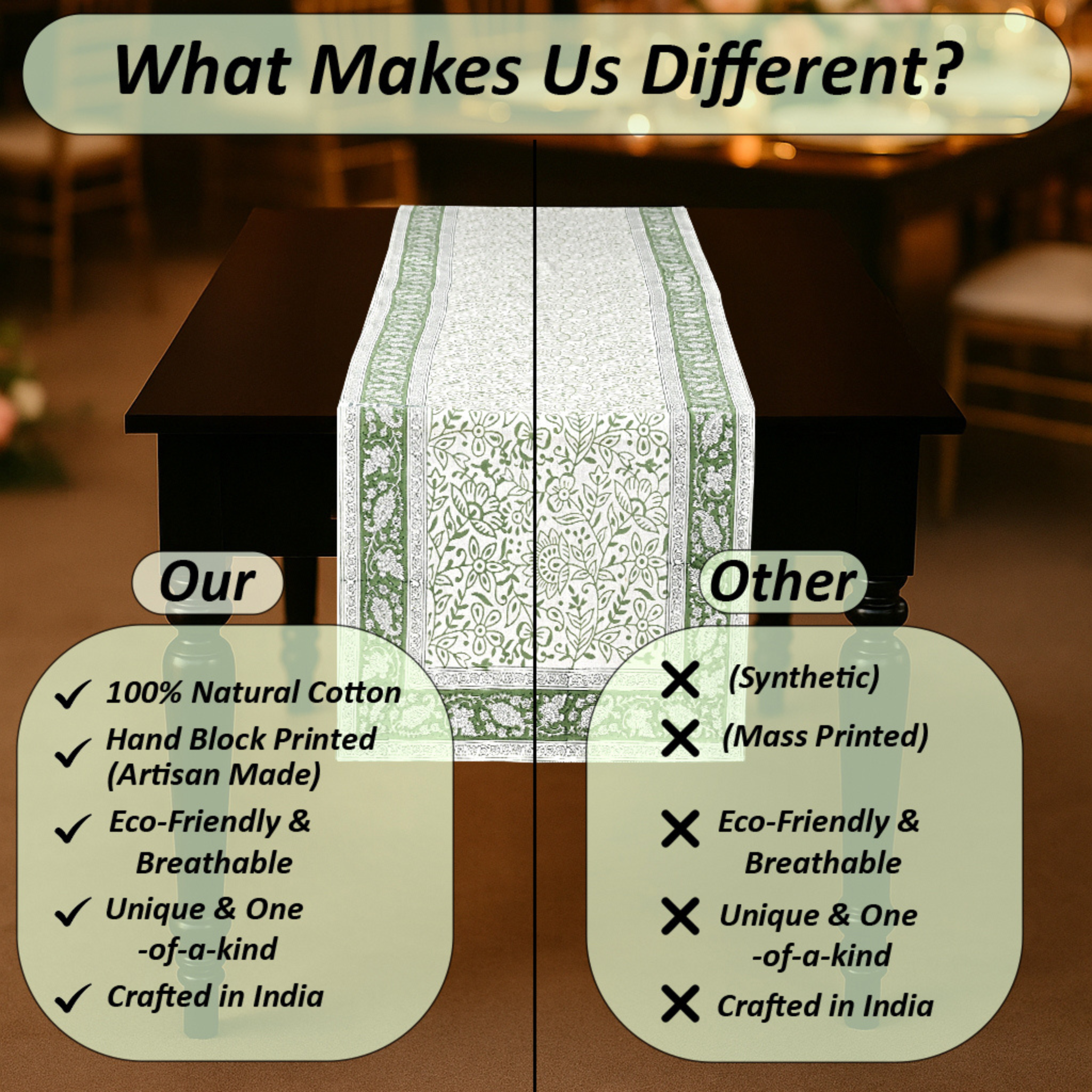 Comparison chart highlighting features of a hand-block printed table runner versus synthetic alternatives.