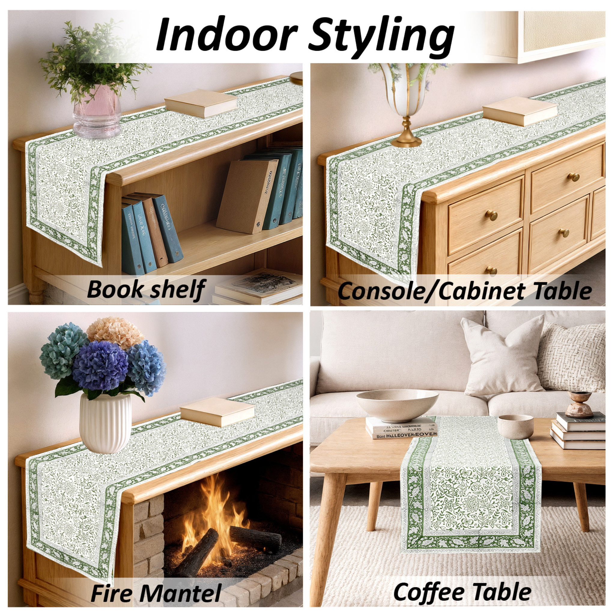 Green patterned table runner displayed on various furniture items including a bookshelf, console cabinet, fire mantel, and coffee table.