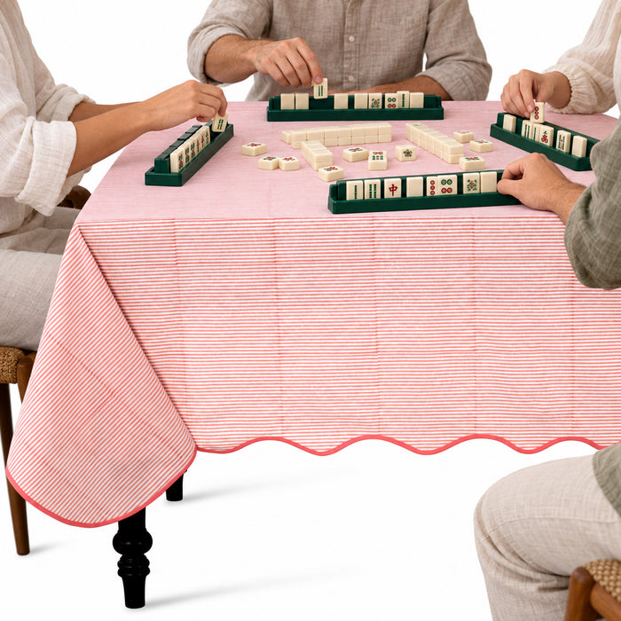 Block Print Cotton Scallop Tablecloth - Blush Pink Stripe