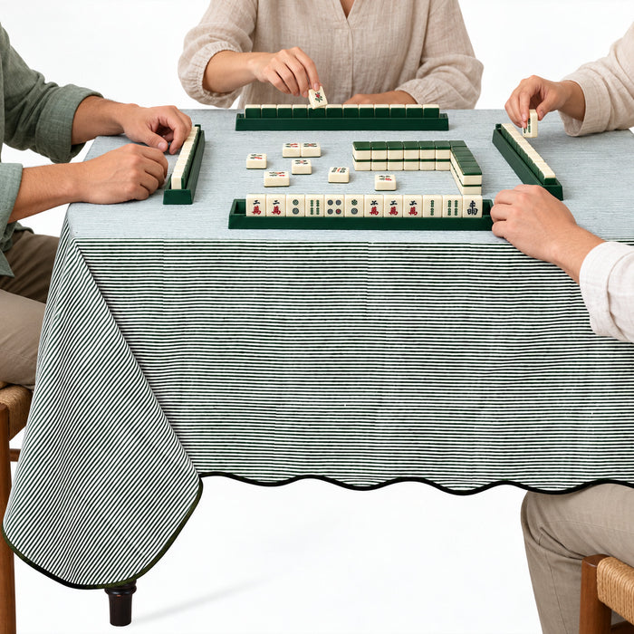 Block Print Cotton Scallop Tablecloth - Forest Green Stripe
