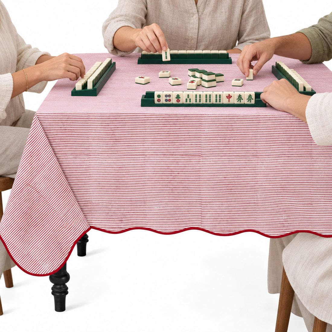 Block Print Cotton Scallop Tablecloth - Ruby Red Stripe