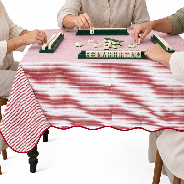 Block Print Cotton Scallop Tablecloth - Ruby Red Stripe