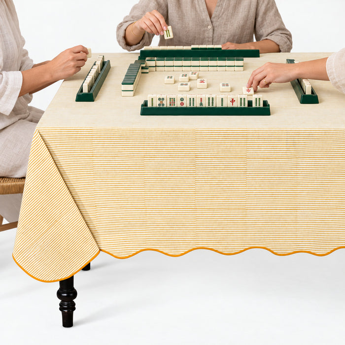 Block Print Cotton Scallop Tablecloth - Saffron Yellow Stripe