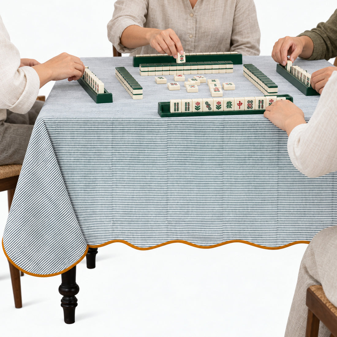 Block Print Cotton Scallop Tablecloth - Slate Blue Stripe
