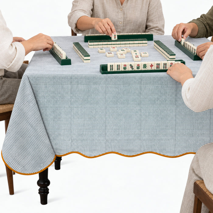 Block Print Cotton Scallop Tablecloth - Slate Blue Stripe