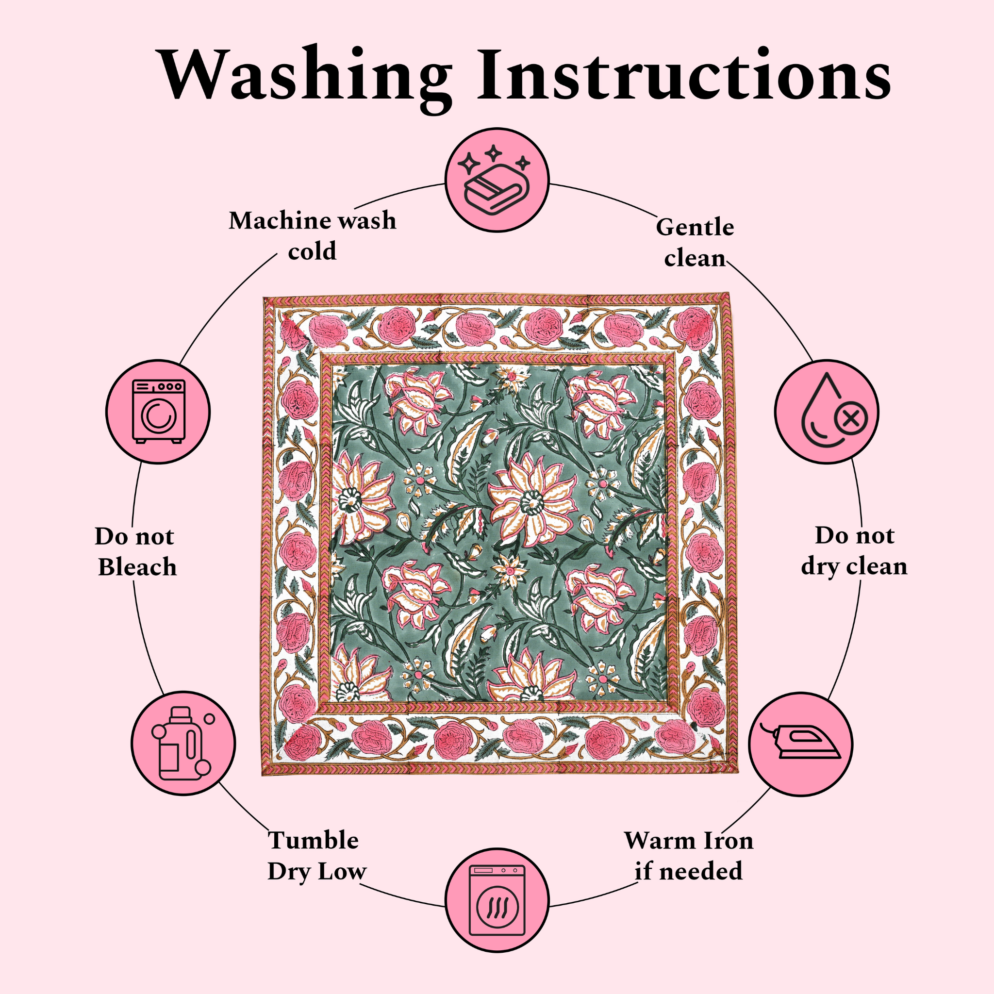 Washing instructions for a floral fabric with icons and text on a pink background