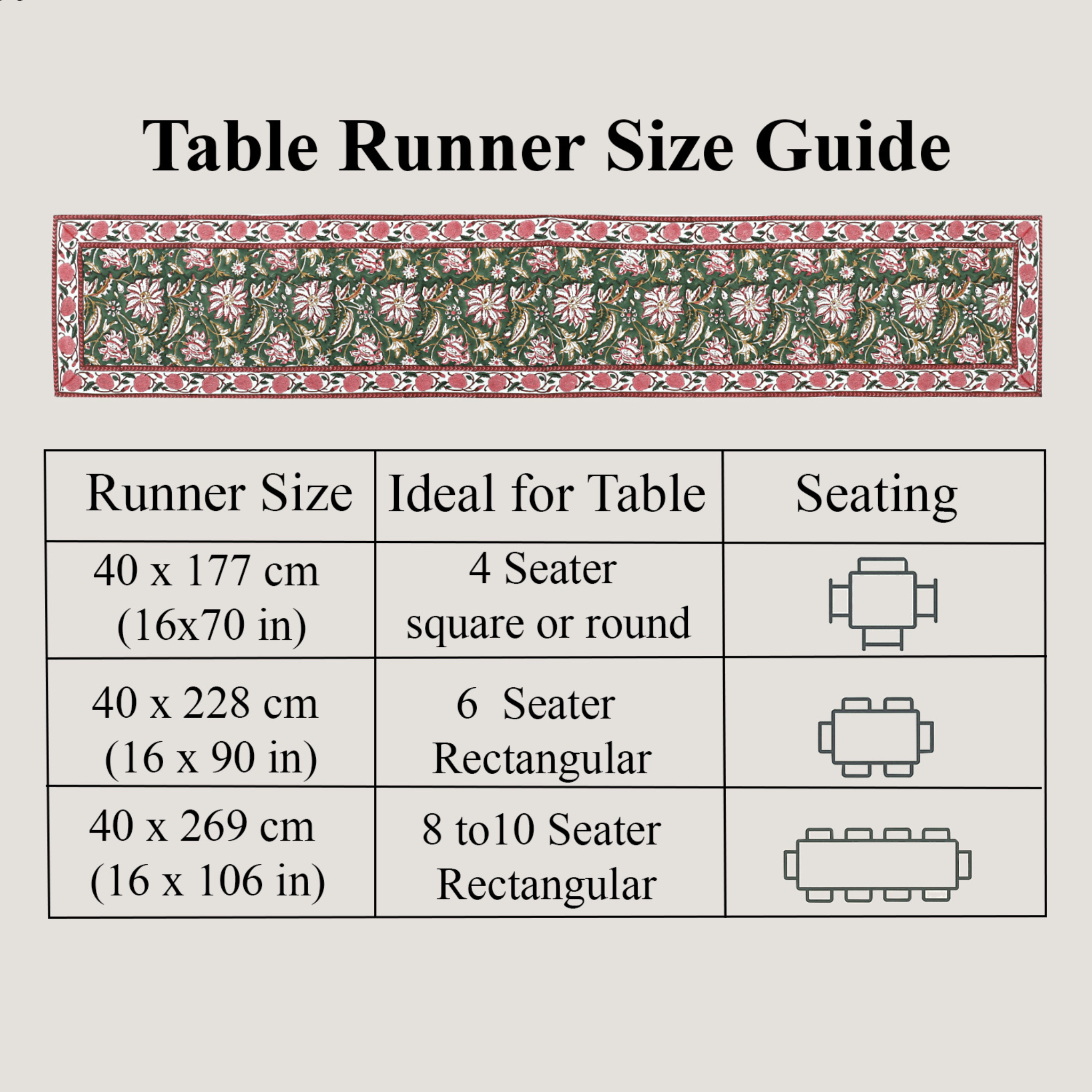 Table runner size guide with floral design and table illustrations on a light gray background
