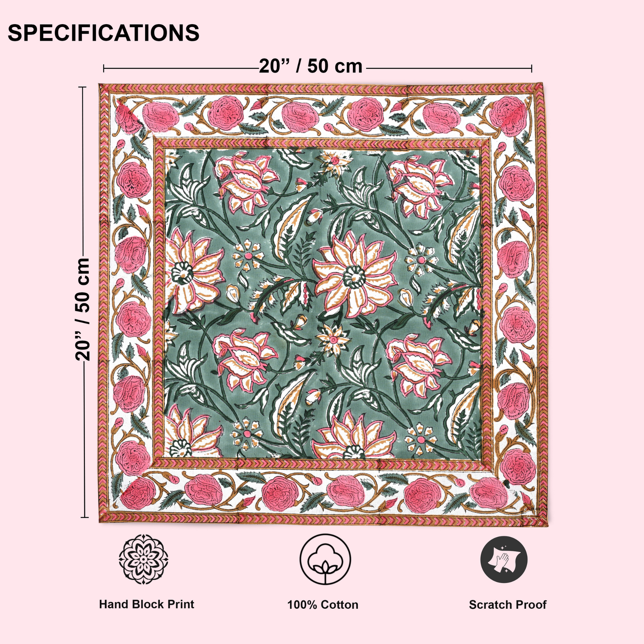 Floral patterned fabric with dimensions and product features on a pink background