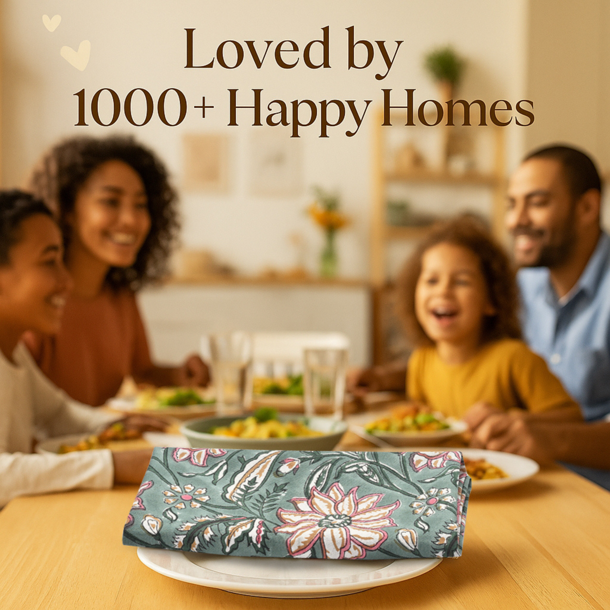 Family sitting around a dinner table with a floral-patterned clutch in the foreground.