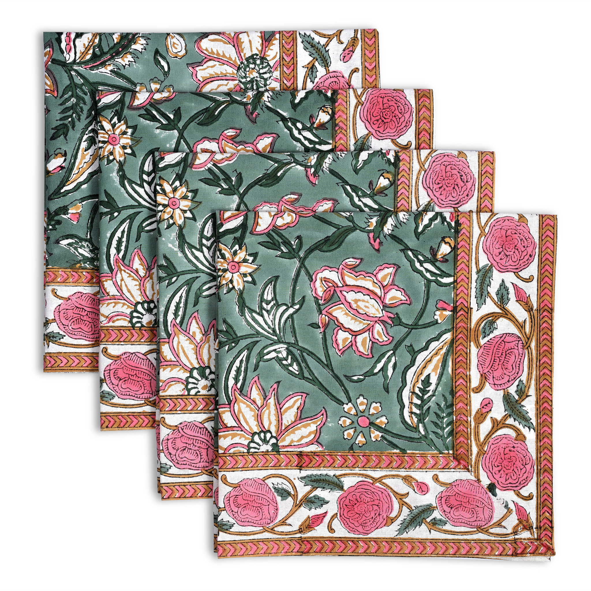 Set of floral patterned napkins with pink and green colors on a white background