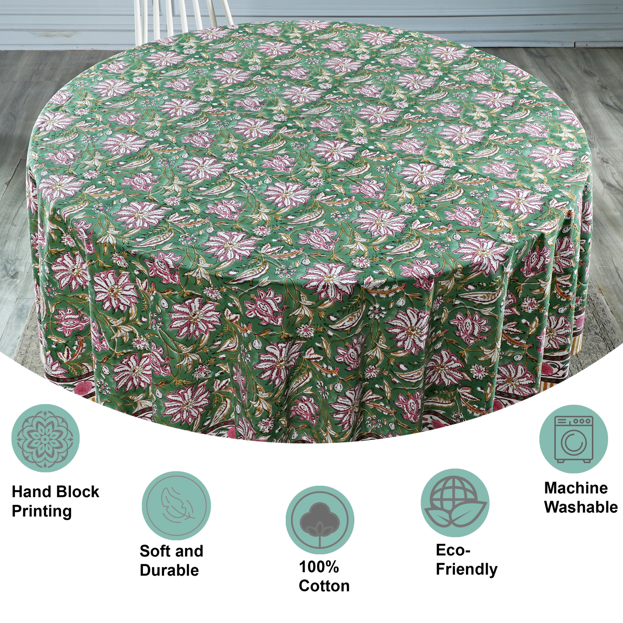 Floral patterned tablecloth on a round table with features highlighted.