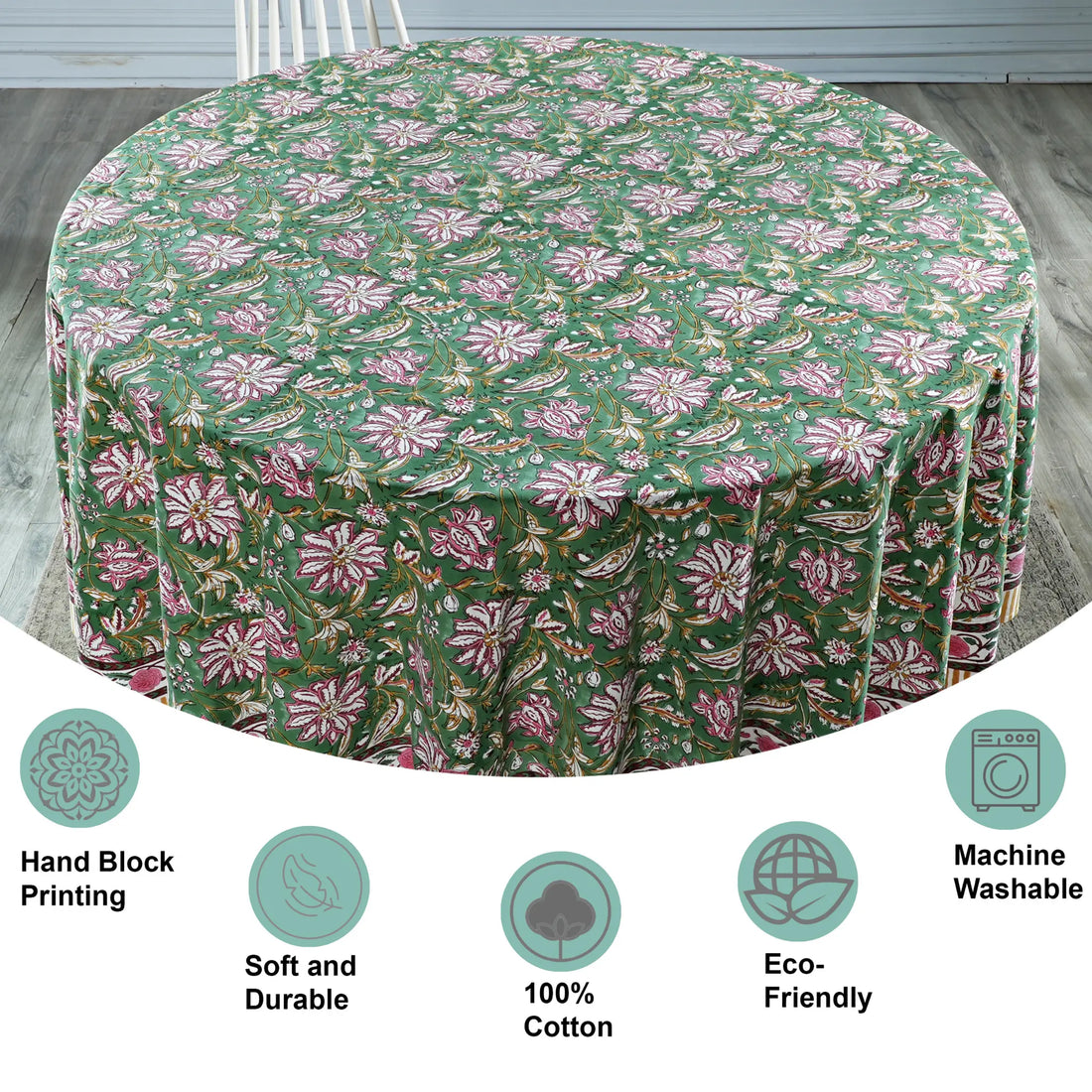 Floral patterned tablecloth on a round table with features highlighted.