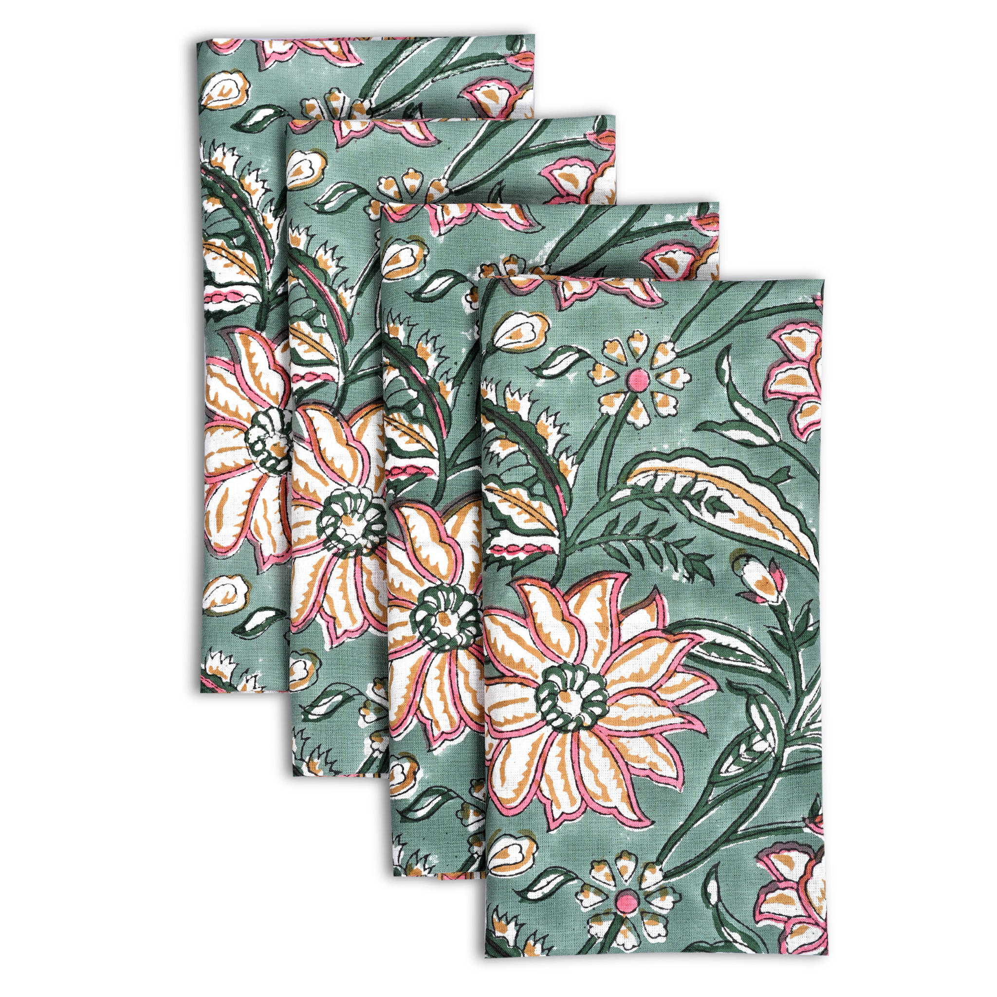 Set of three floral-patterned napkins on a white background