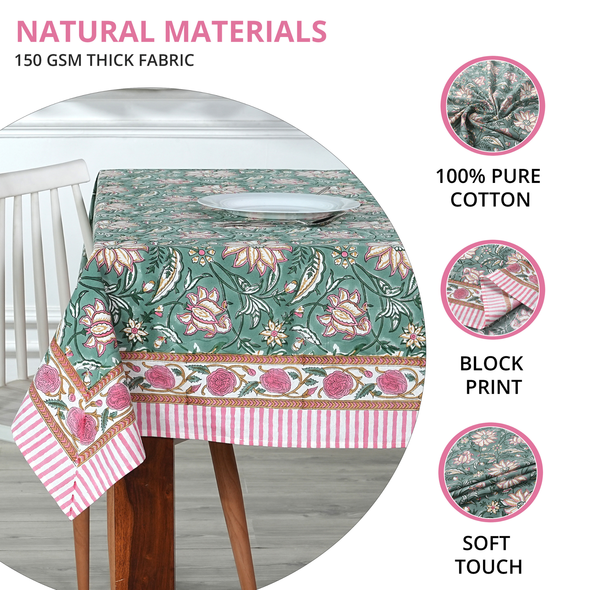 Floral patterned tablecloth on a table with text highlighting natural materials and fabric details.