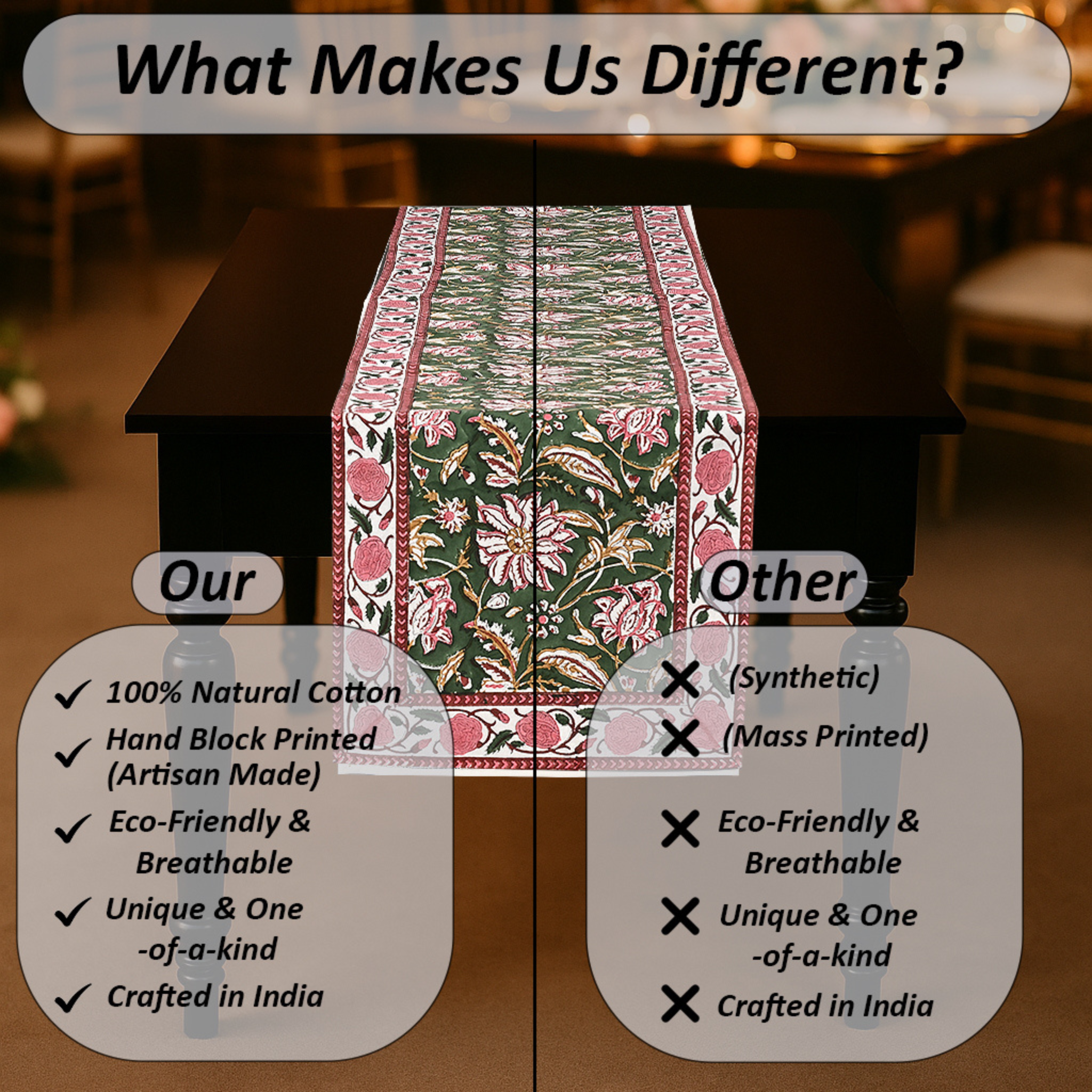 Table runner with floral design on a table, comparing 100% natural cotton to synthetic materials.