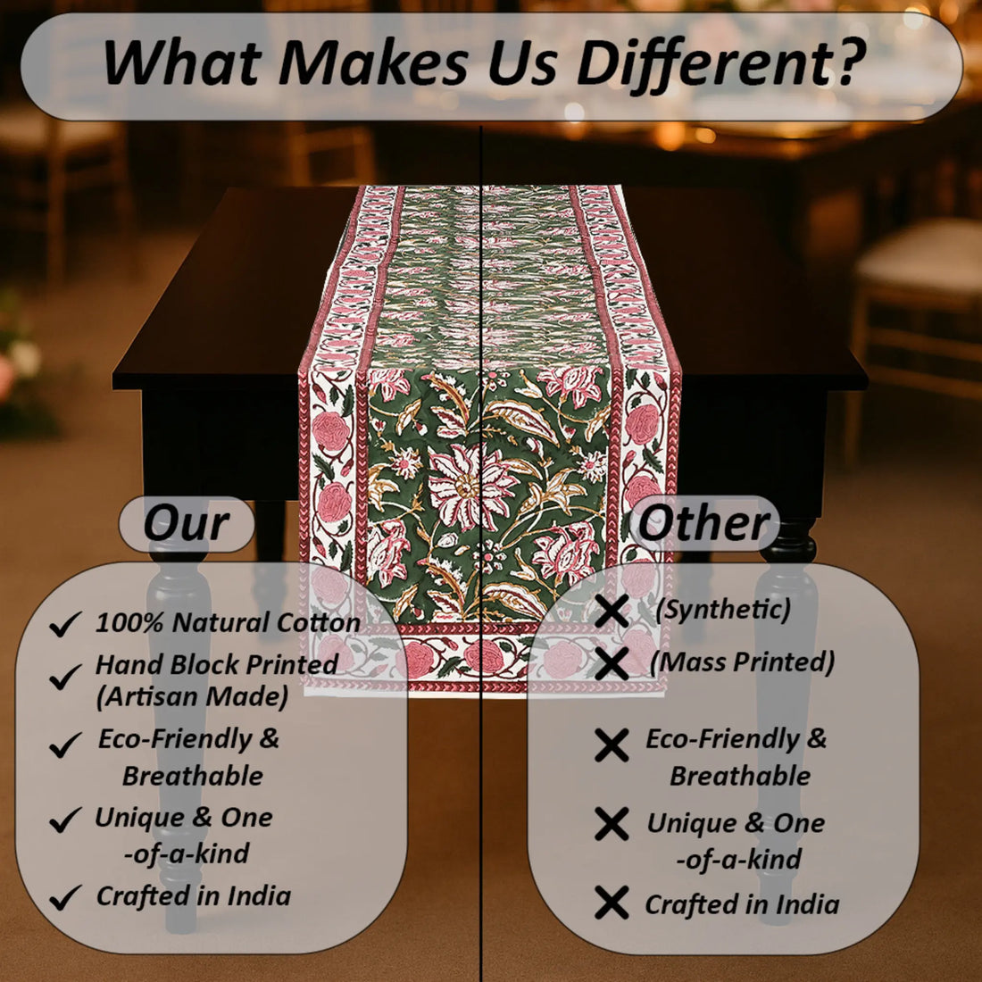 Table runner with floral design on a table, comparing 100% natural cotton to synthetic materials.