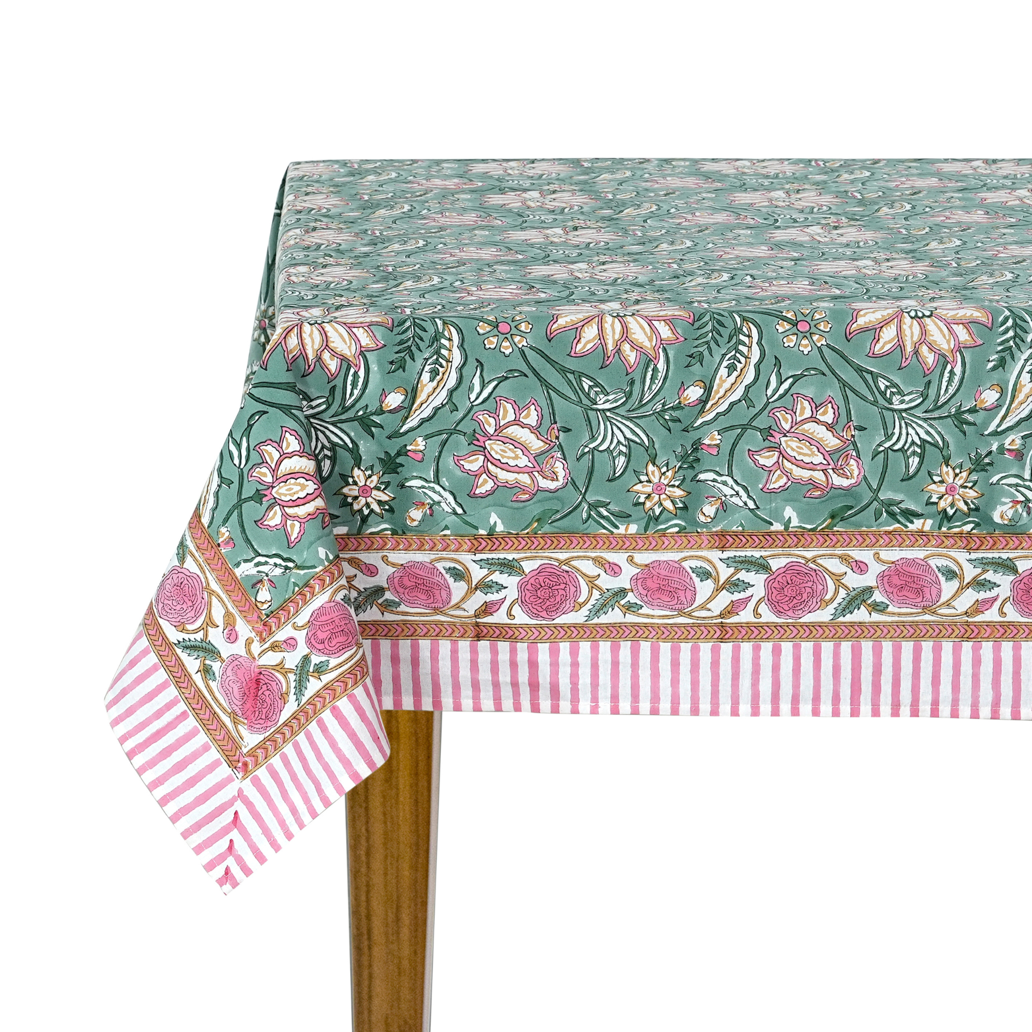 Floral patterned tablecloth with pink and white stripes on a white background