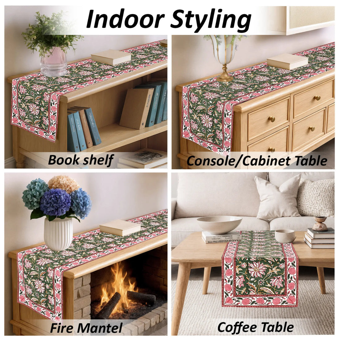 Floral table runner displayed on various furniture pieces with text 'Indoor Styling'.