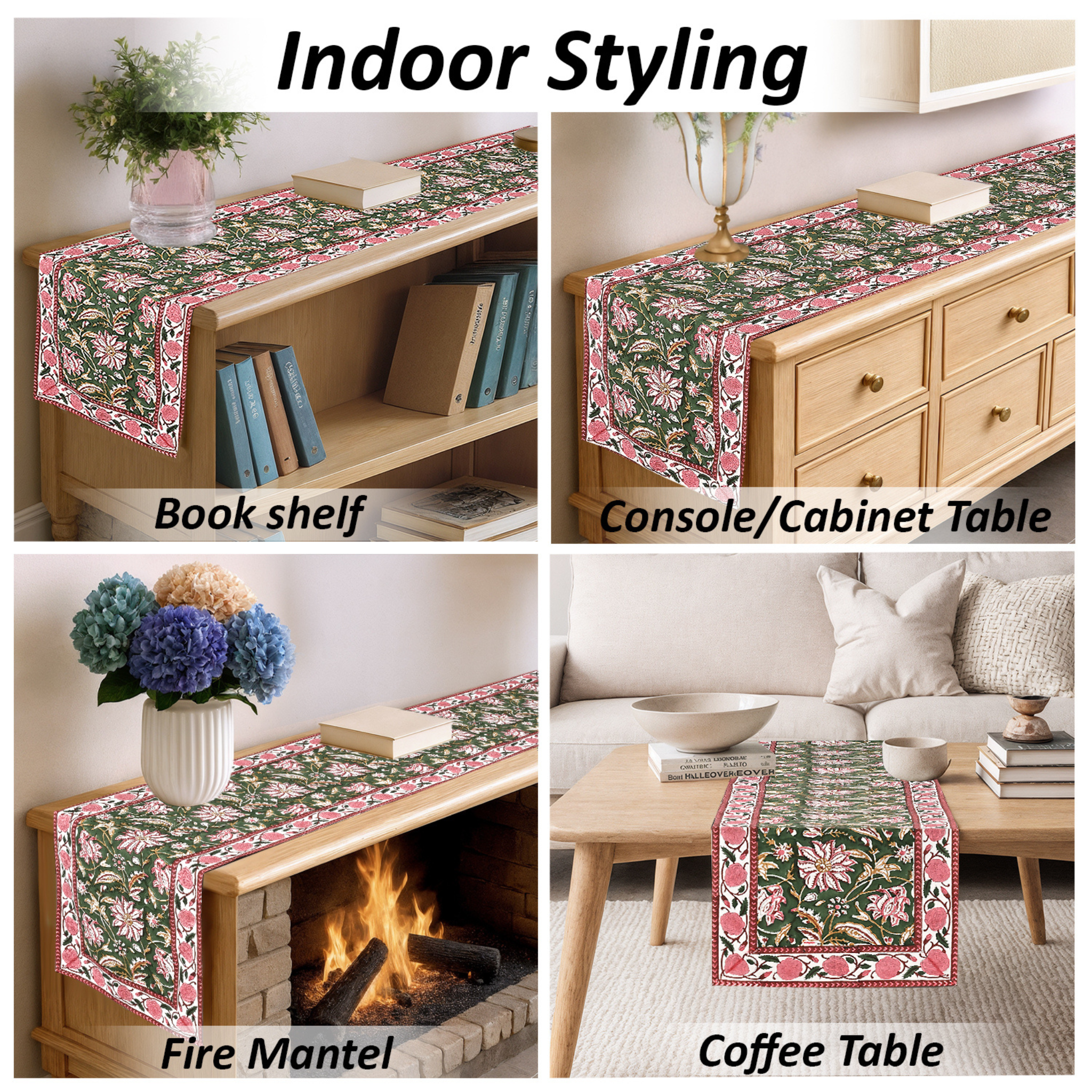 Floral table runner displayed on various furniture pieces with text 'Indoor Styling'.