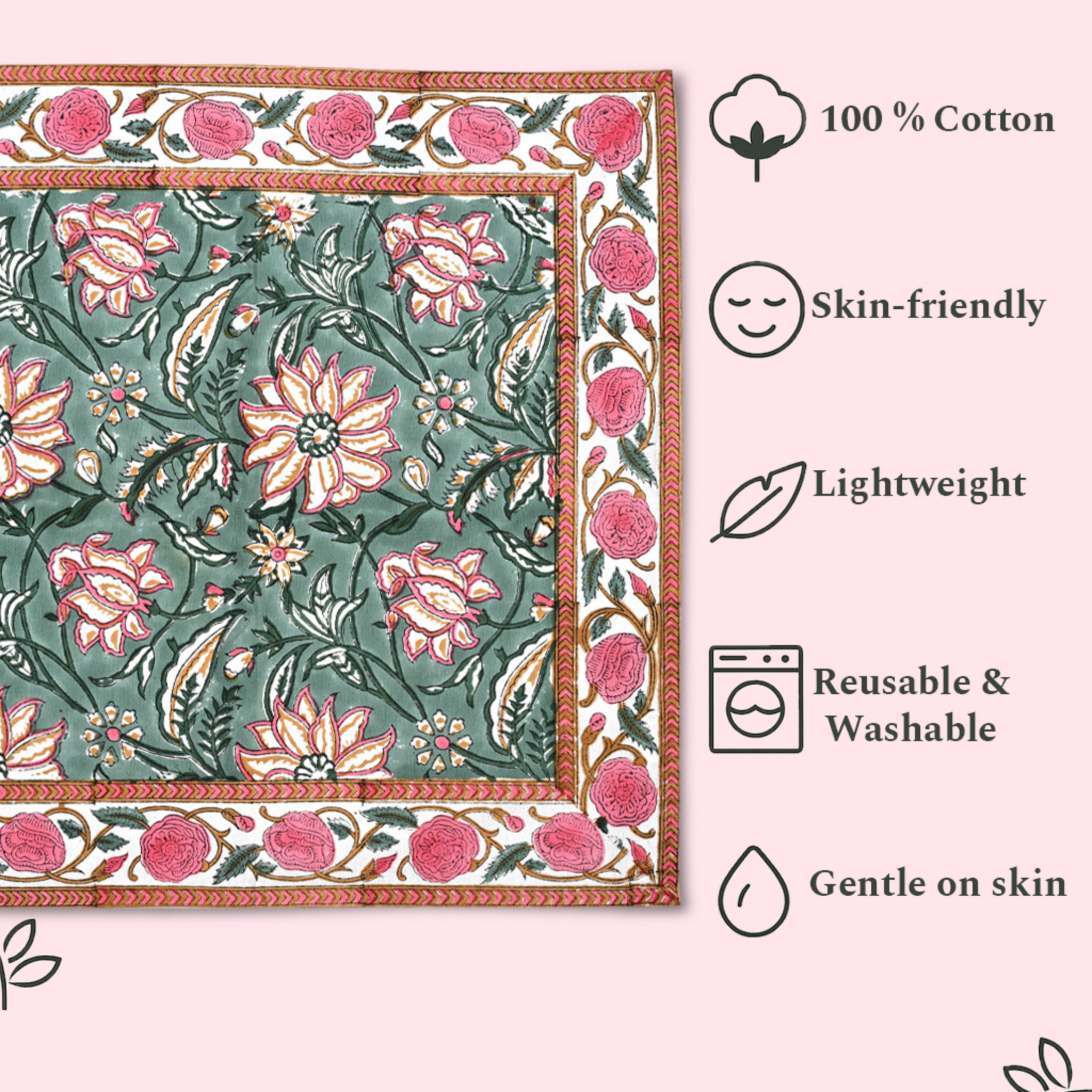 Floral patterned fabric with sustainability and care instructions on a pink background