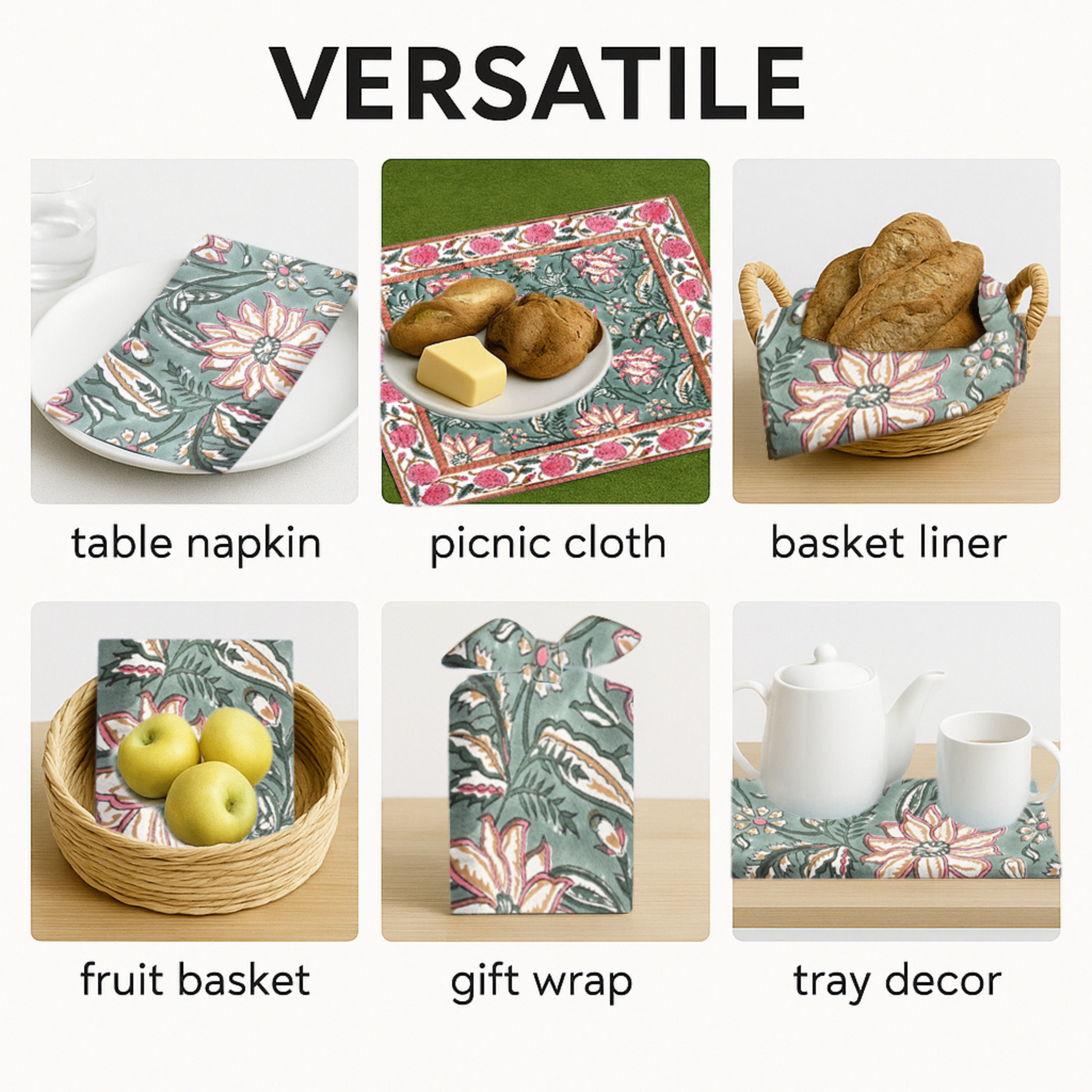 Versatile use of floral patterned fabric including table napkin, picnic cloth, basket liner, fruit basket, gift wrap, and tray decor.