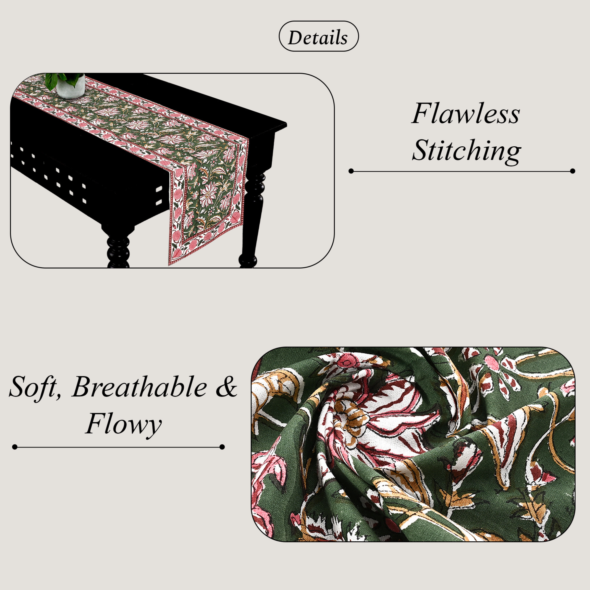 Table runner with floral pattern on a table, highlighting 'Flawless Stitching' and 'Soft, Breathable & Flowy' qualities.