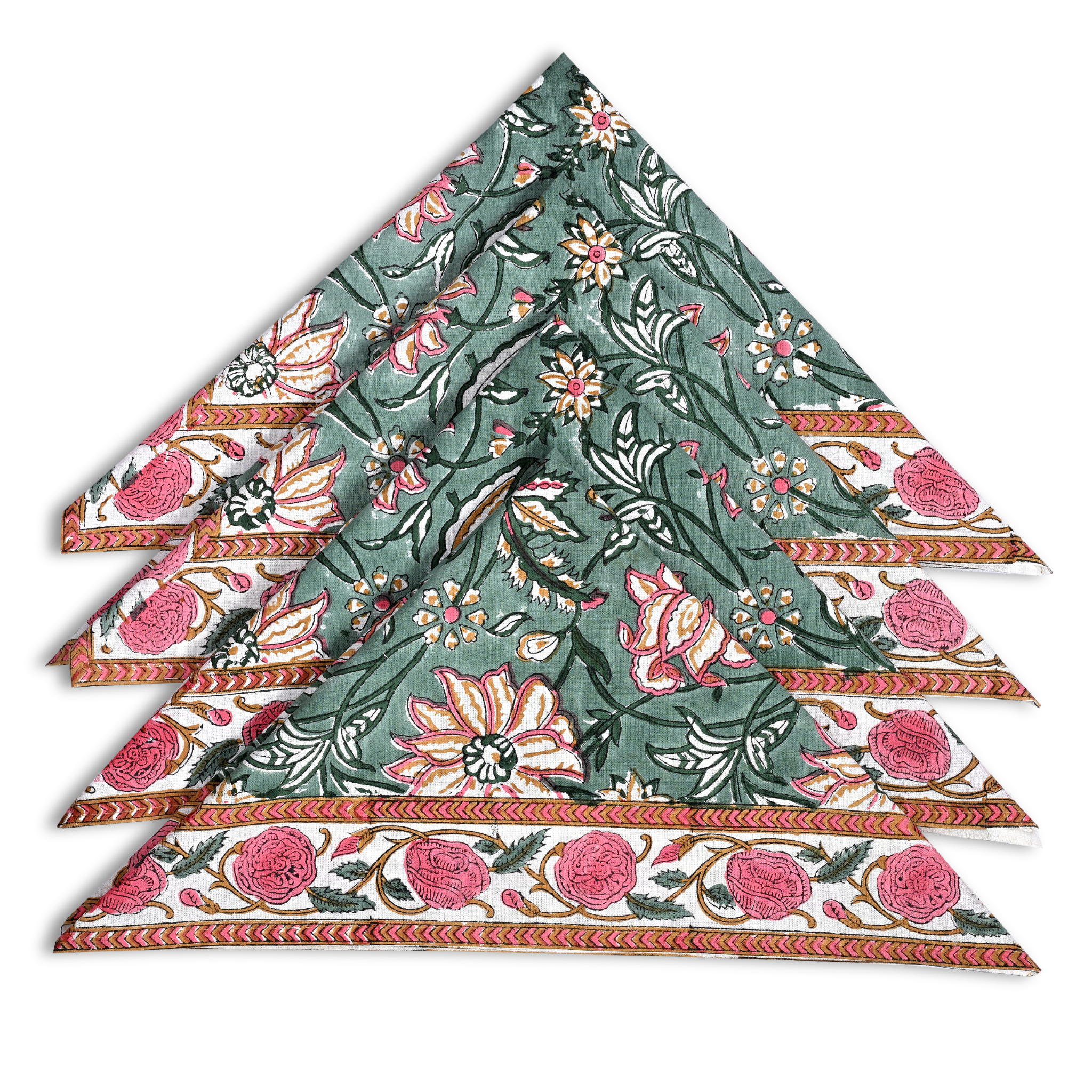 Set of floral-patterned napkins on a white background