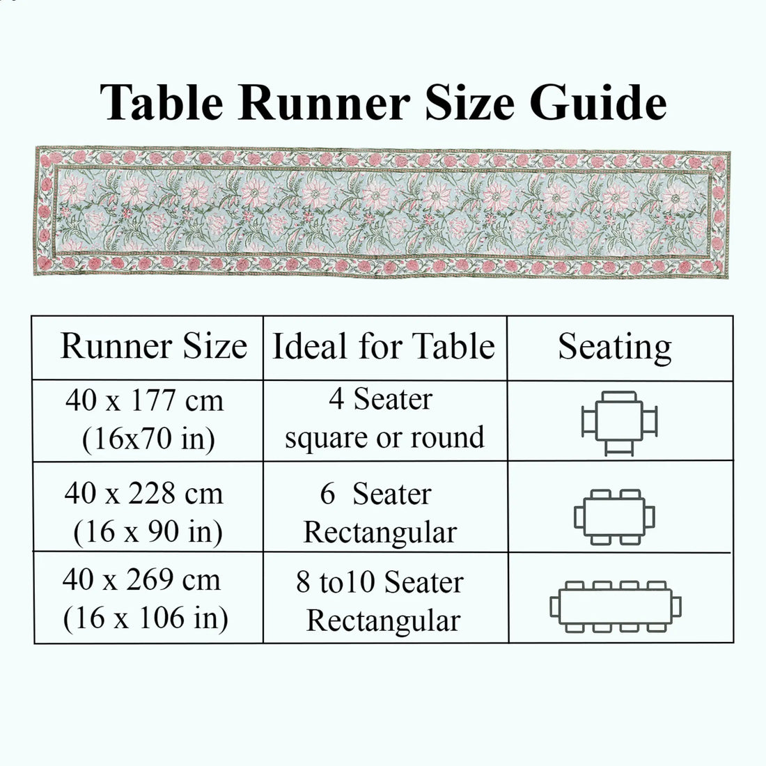Table runner size guide with floral design and table seating illustrations.