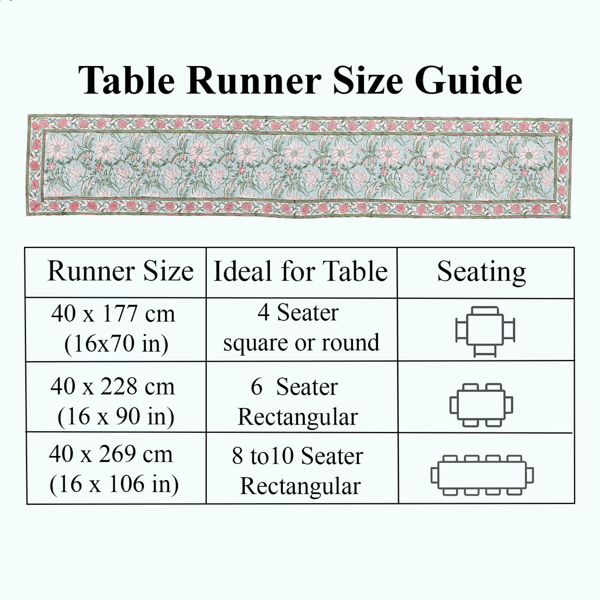 Table runner size guide with floral design and table seating illustrations.